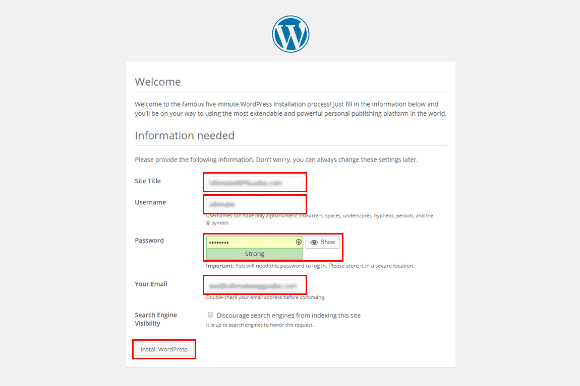 WordPress 5-minute install page